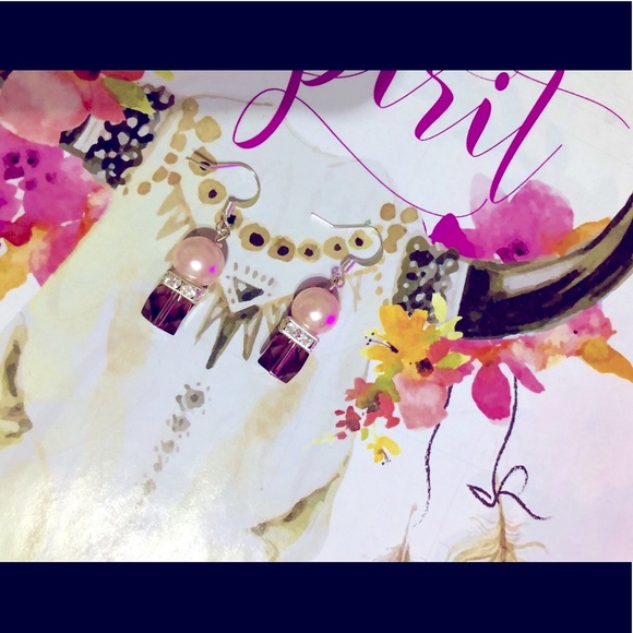 AMETHYST CRYSTAL PINK BLUSH PEARL EARRINGS VINTAGE - Picture 3 of 3